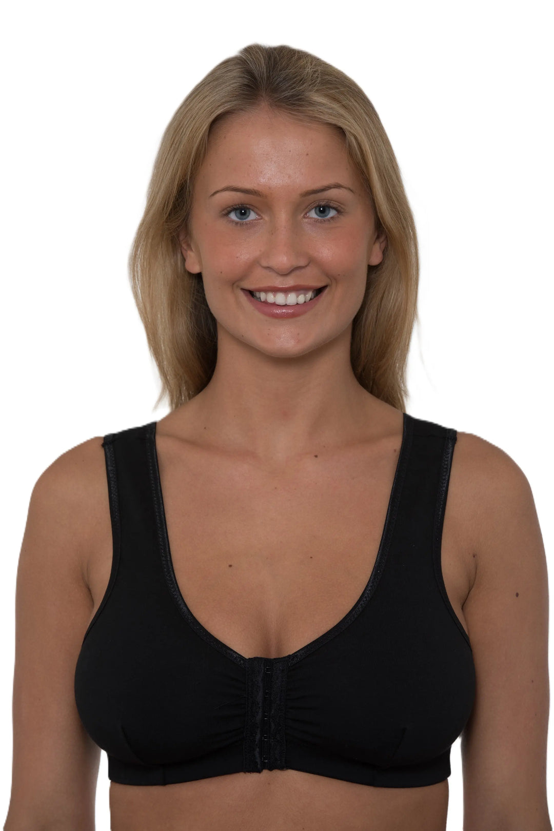 Black front fastening bras