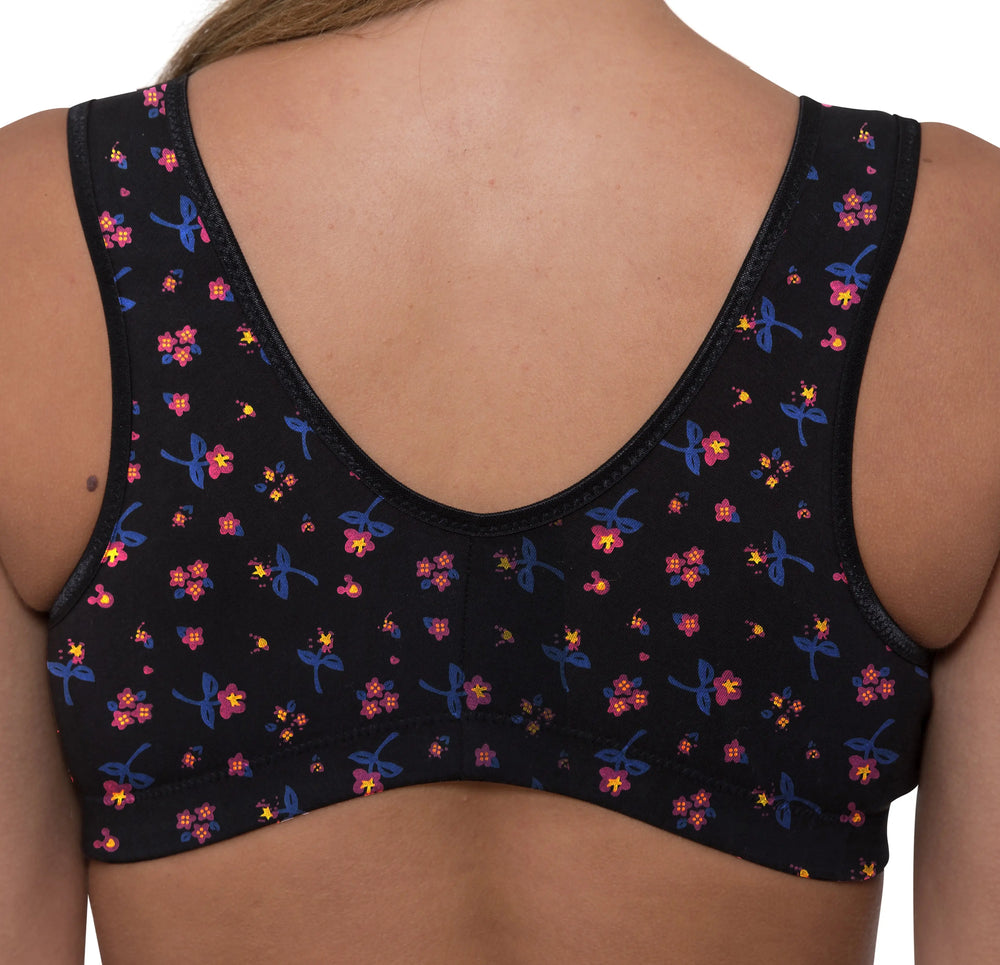 Black floral front fastening bras
