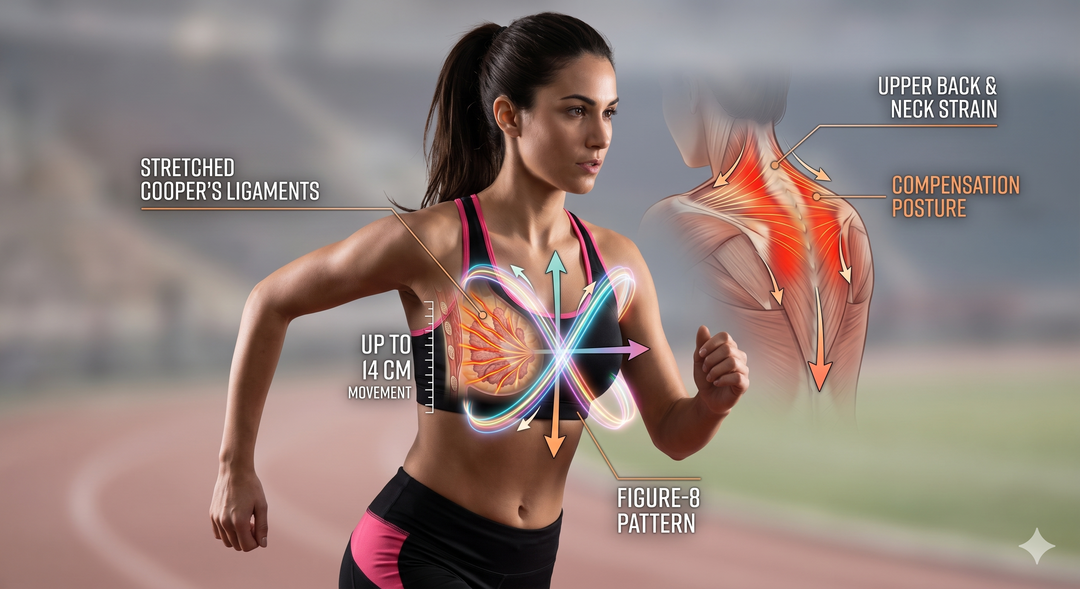 Diagram showing the figure-8 motion of breast bounce during running and how it causes upper back and neck pain.