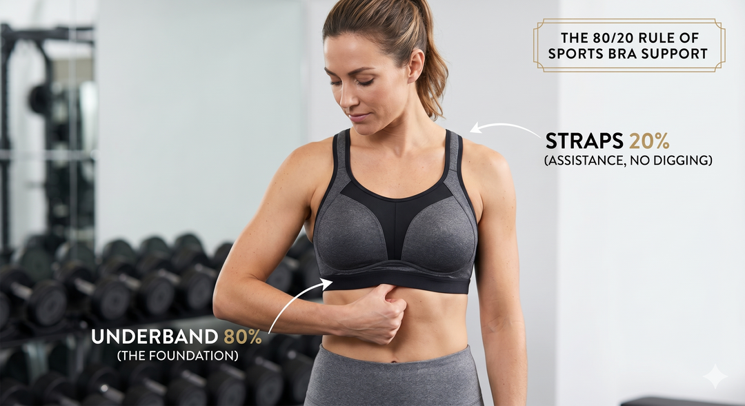 A woman in a sports bra demonstrates the 80/20 support rule by placing two fingers under the front band.