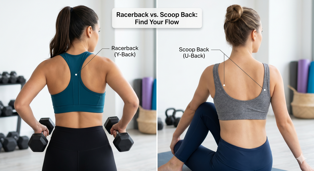 Split-screen image comparing the back views of a racerback sports bra during high-impact exercise (left) and a scoop back sports bra during low-impact activity (right)
