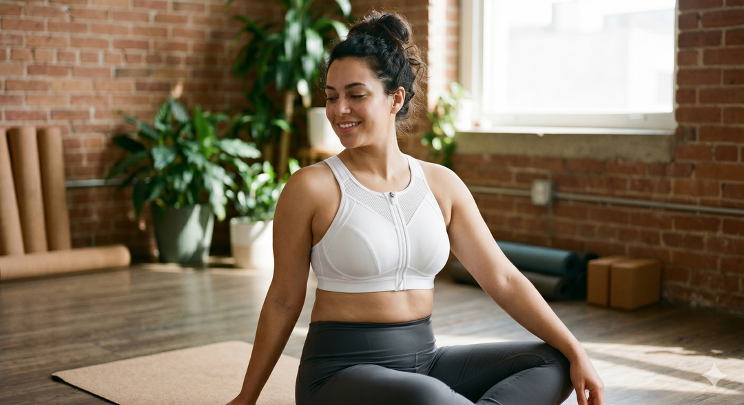 Sunlit photo of a woman practicing yoga comfortably in a supportive, soft, non-wired blue sports bra.
