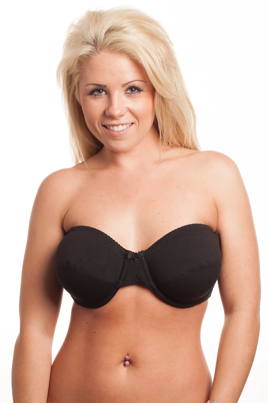 blonde woman wearing a black strapless bra