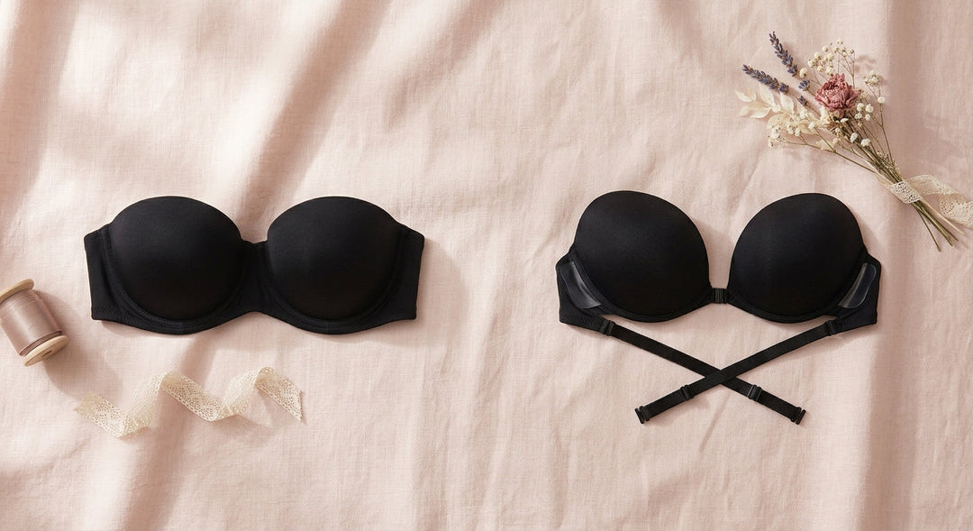 On the left, place a black strapless bra; on the right, place a black backless bra with clip-in or low-back straps visible