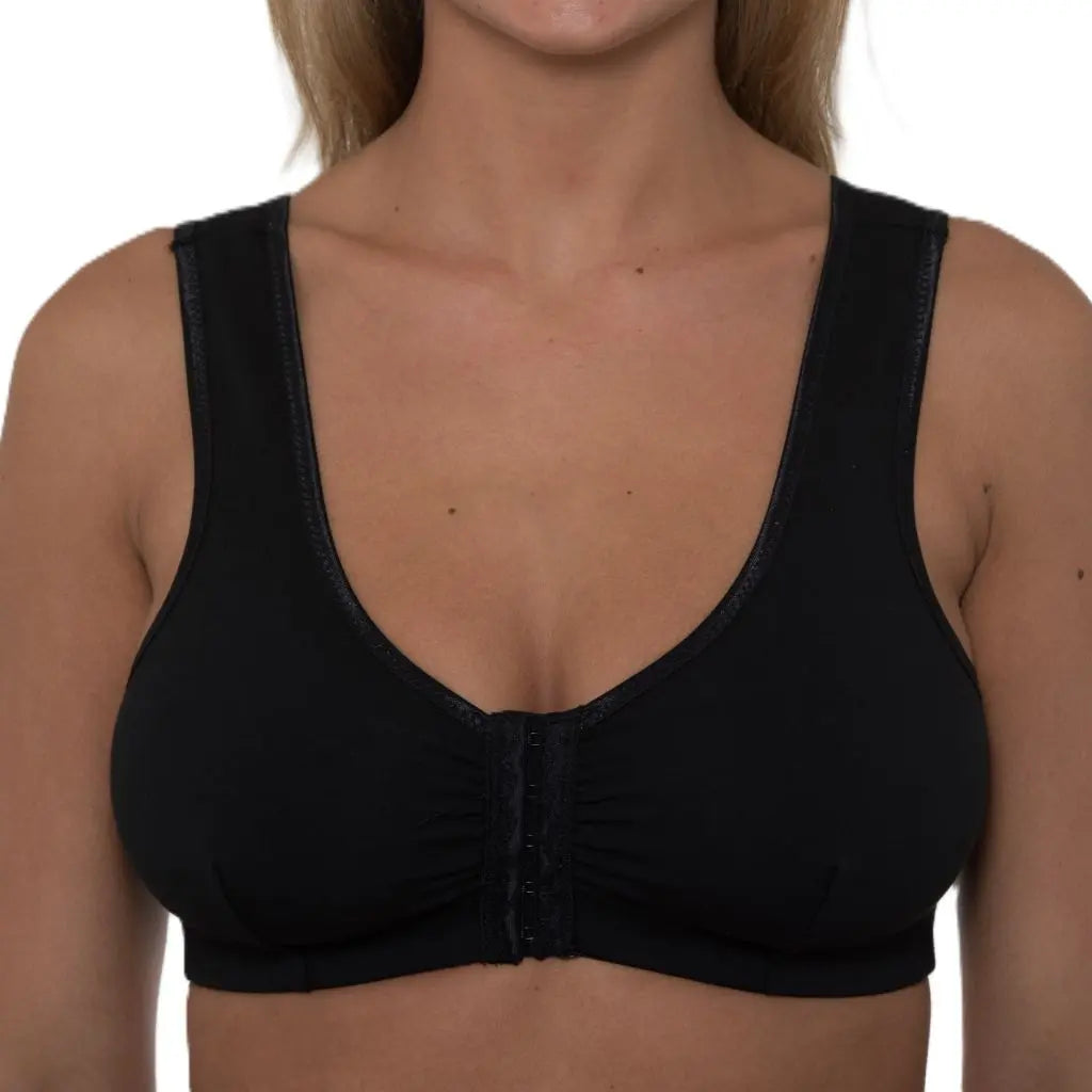 Orchid Fashion Boutique cb222 front-fastening cotton comfort bra worn on model, classic black