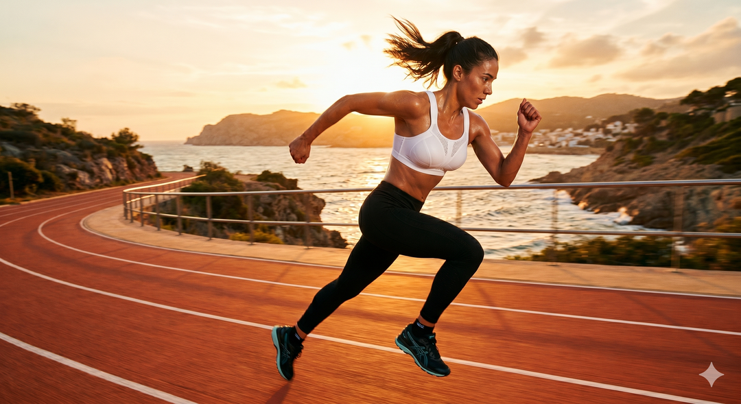 woman with black bottoms wearing white sports bra running on a running track