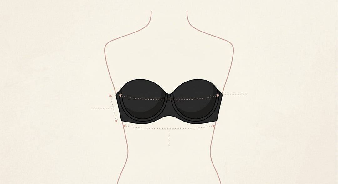 modern illustration of a strapless bra shown from the front on a simple mannequin torso outline