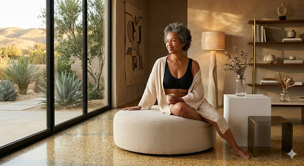 woman sitting on a chair in the front room wearing a gemm black comfort bra