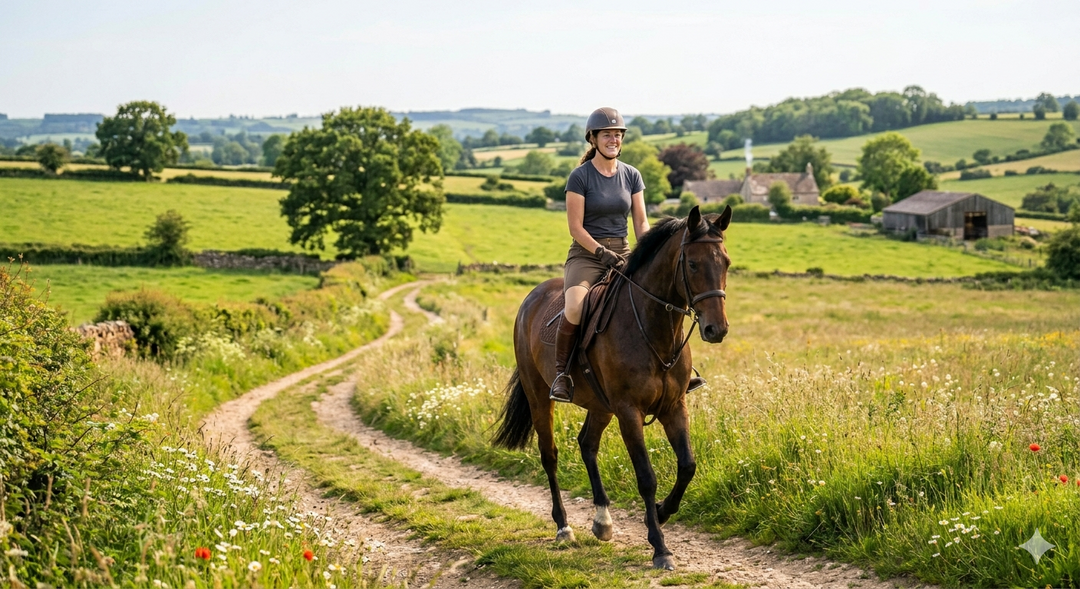 woman riding a horse in the countryside