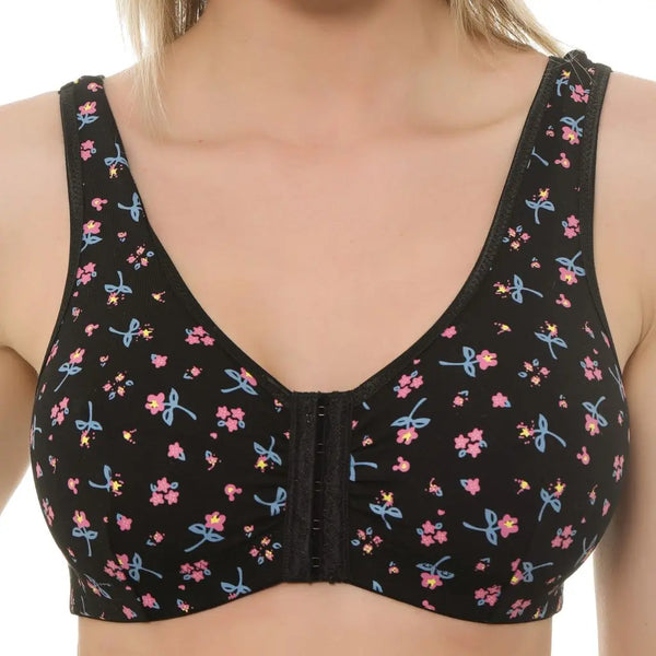 Black Floral front-fastening comfort bra