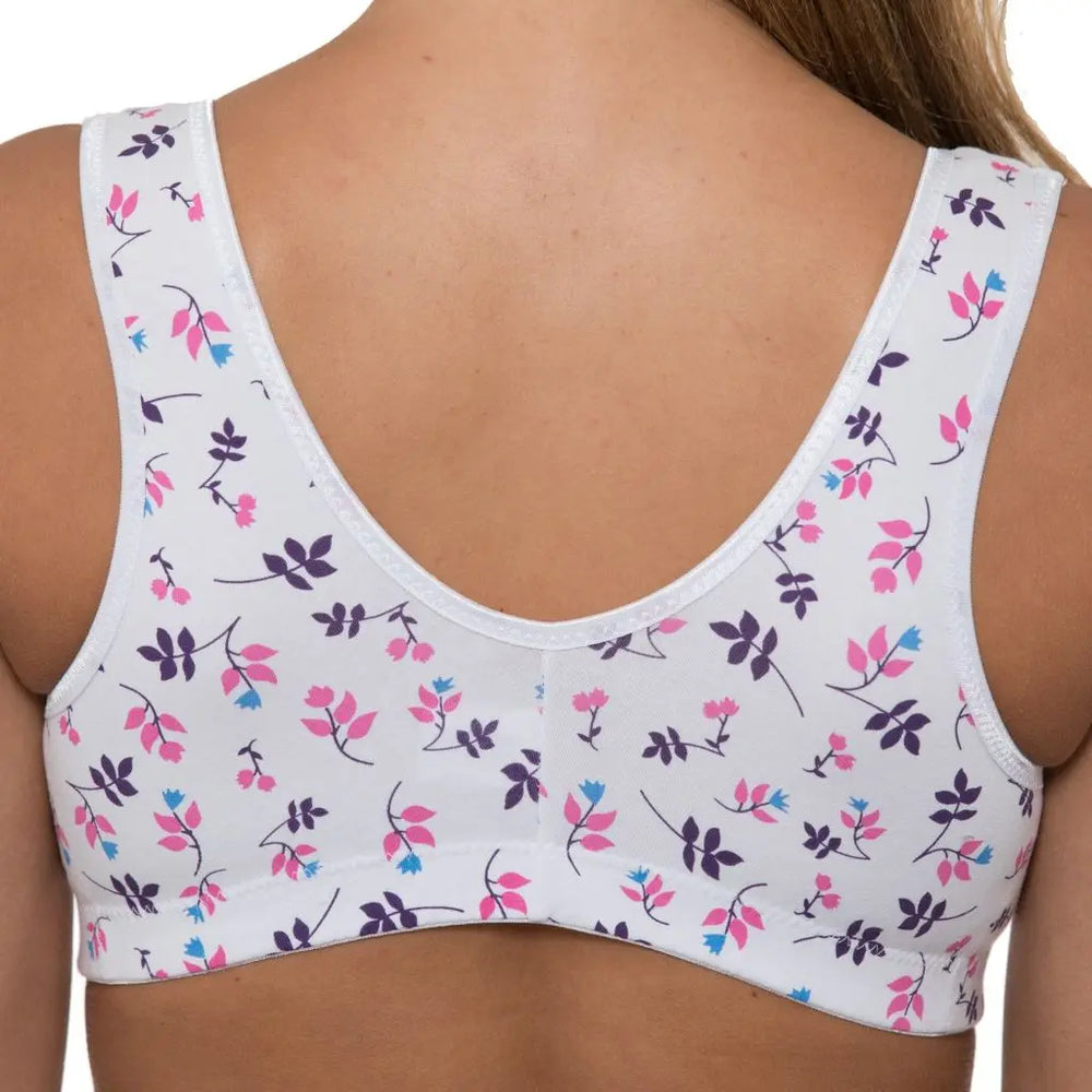 woman standing with her back to you showing the back strap  of a front fastening bra